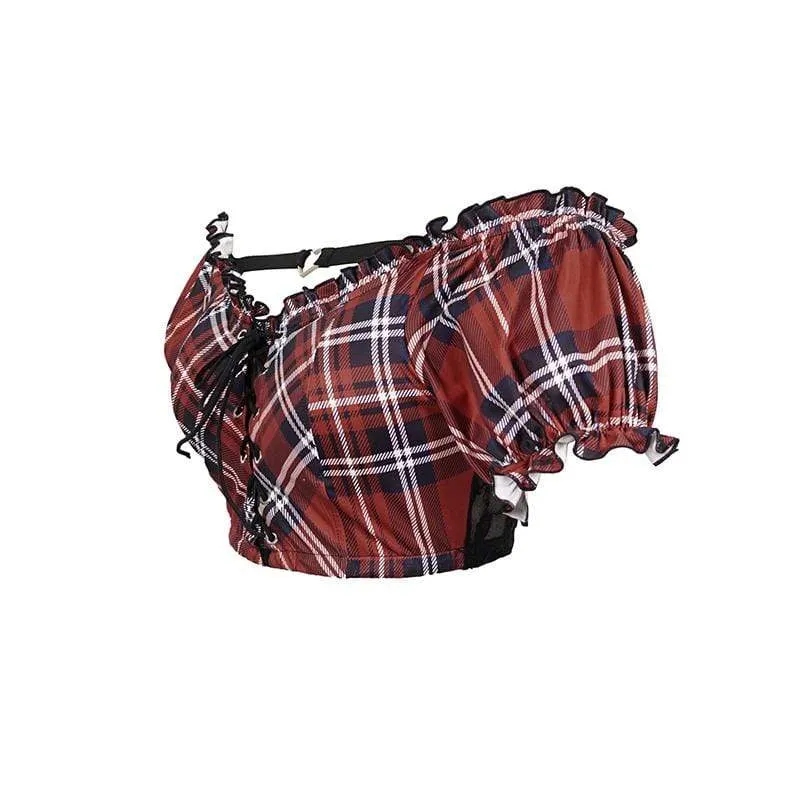 Damen Grunge Red Scottish Check Spitze Longline Swim Top