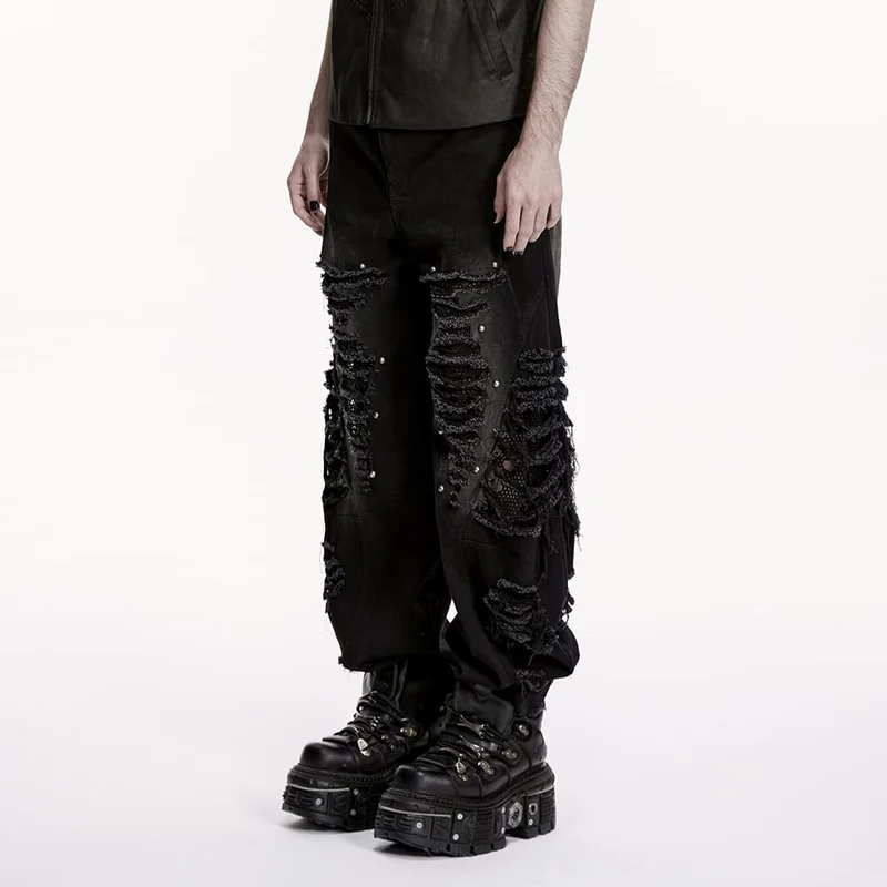 Punk-Hose für Herren mit Nieten, Mesh-Einsätzen und zerrissenem Design