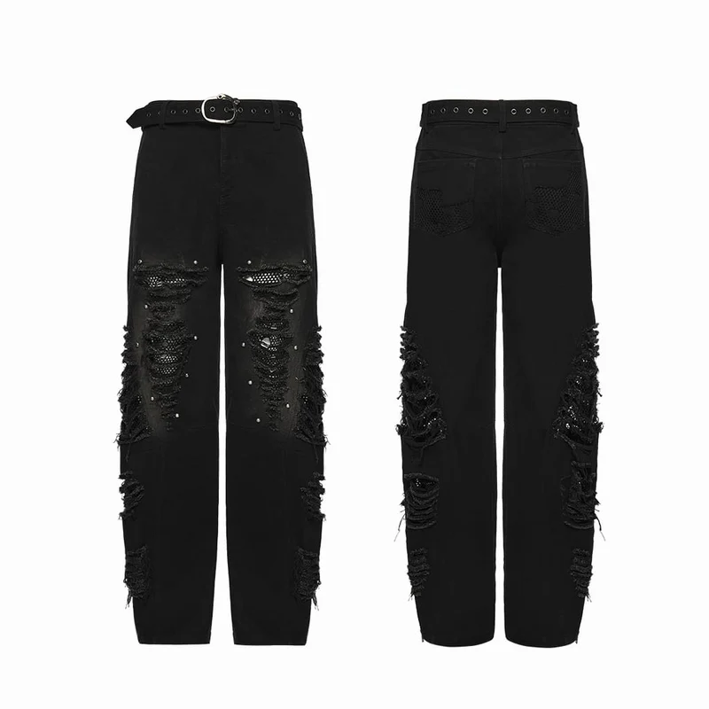 Punk-Hose für Herren mit Nieten, Mesh-Einsätzen und zerrissenem Design