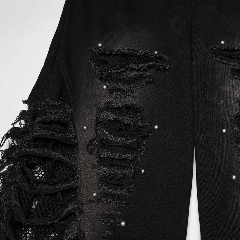 Punk-Hose für Herren mit Nieten, Mesh-Einsätzen und zerrissenem Design