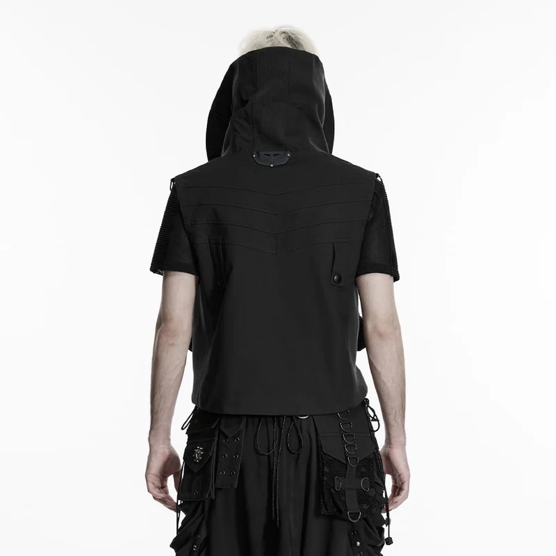Punk-Weste für Herren mit aufgesetzten Taschen, verstellbarem Kragen, schwarz