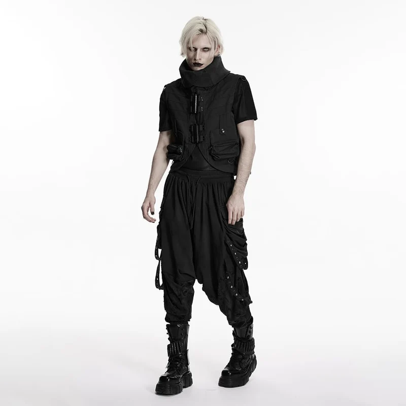 Punk-Weste für Herren mit aufgesetzten Taschen, verstellbarem Kragen, schwarz
