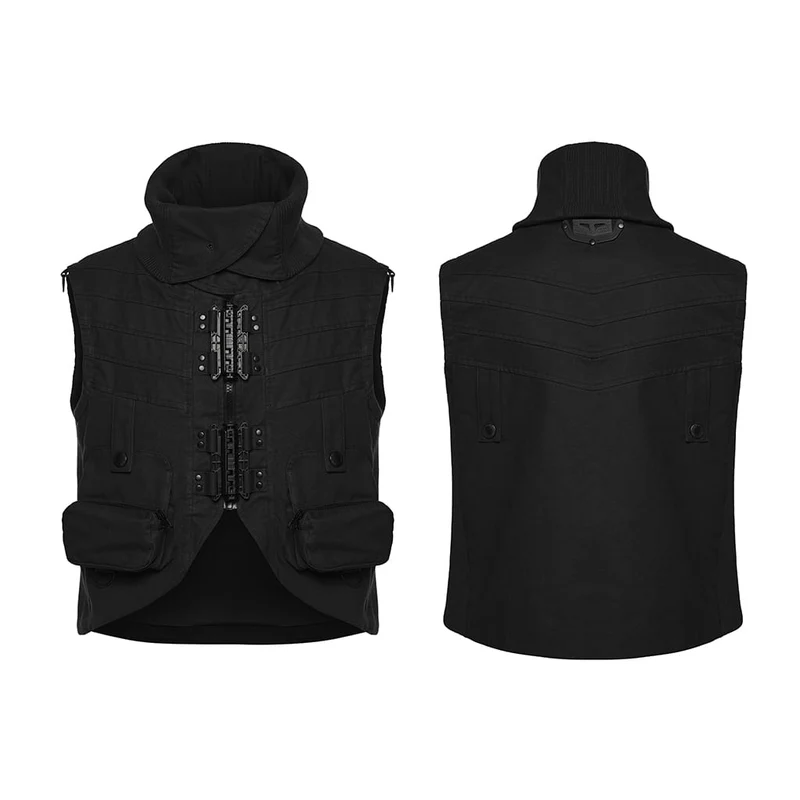 Punk-Weste für Herren mit aufgesetzten Taschen, verstellbarem Kragen, schwarz