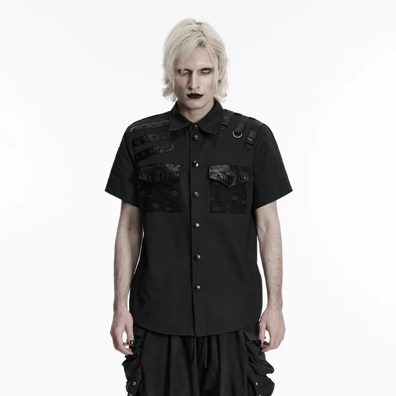 Herren Punk-Hemd mit Ösen und D-Ringen, kurzärmelig, schwarz