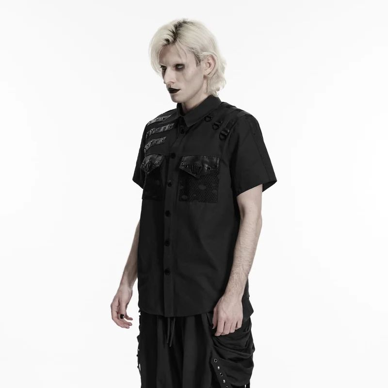Herren Punk-Hemd mit Ösen und D-Ringen, kurzärmelig, schwarz