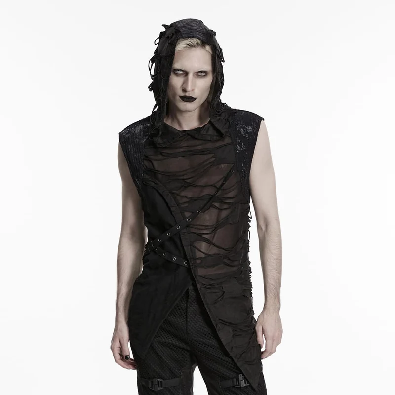Schwarzes Punk-Tanktop mit Ösenriemen und Kapuze für Herren