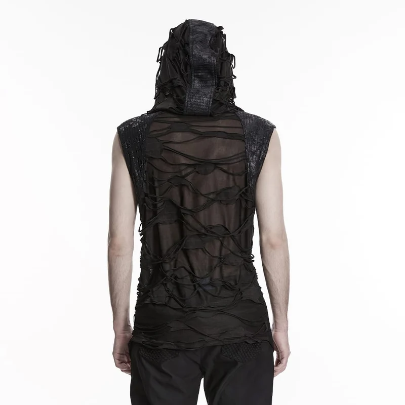 Schwarzes Punk-Tanktop mit Ösenriemen und Kapuze für Herren