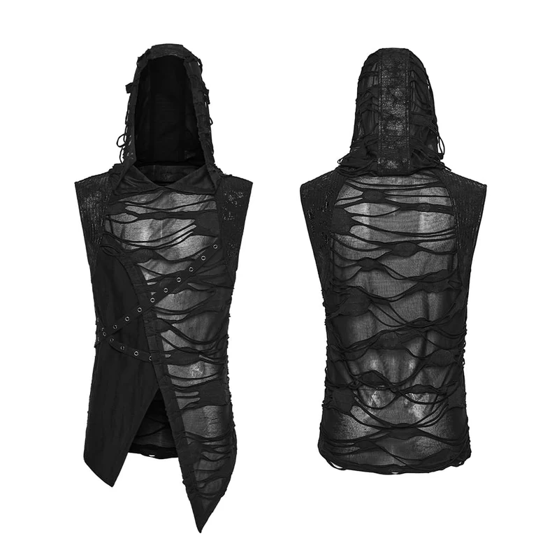 Schwarzes Punk-Tanktop mit Ösenriemen und Kapuze für Herren