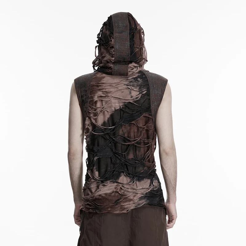 Punk-Tanktop für Herren mit Ösenriemen, zerrissenem Look und Kapuze, Schwarz-Kaffee