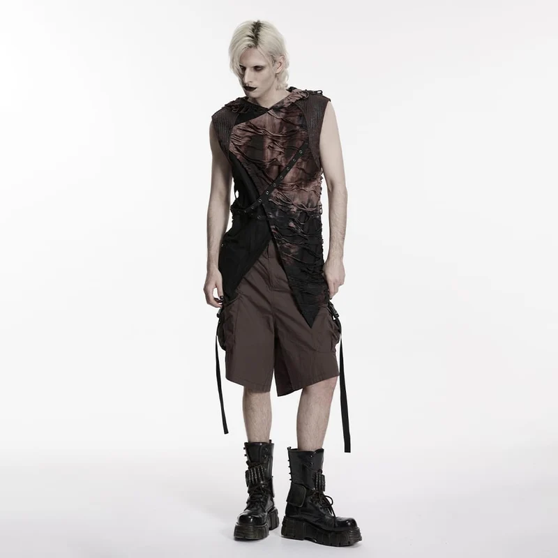 Punk-Tanktop für Herren mit Ösenriemen, zerrissenem Look und Kapuze, Schwarz-Kaffee