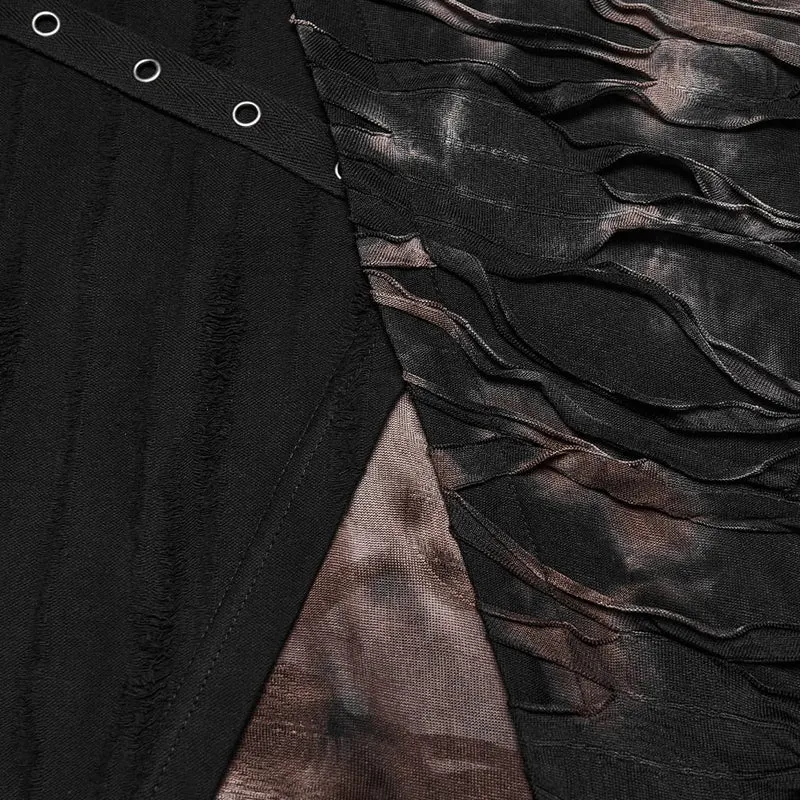 Punk-Tanktop für Herren mit Ösenriemen, zerrissenem Look und Kapuze, Schwarz-Kaffee