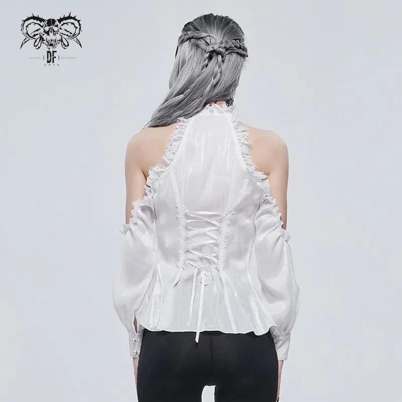 Damen Gothic Riemchen Schulterfrei Spitzensaum Weißes Hemd