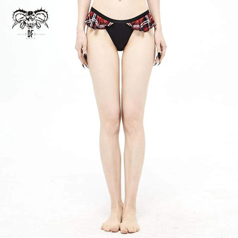 Frauen Grunge Black Cheeky Bikini Bottoms mit Scottish Check Rüschen