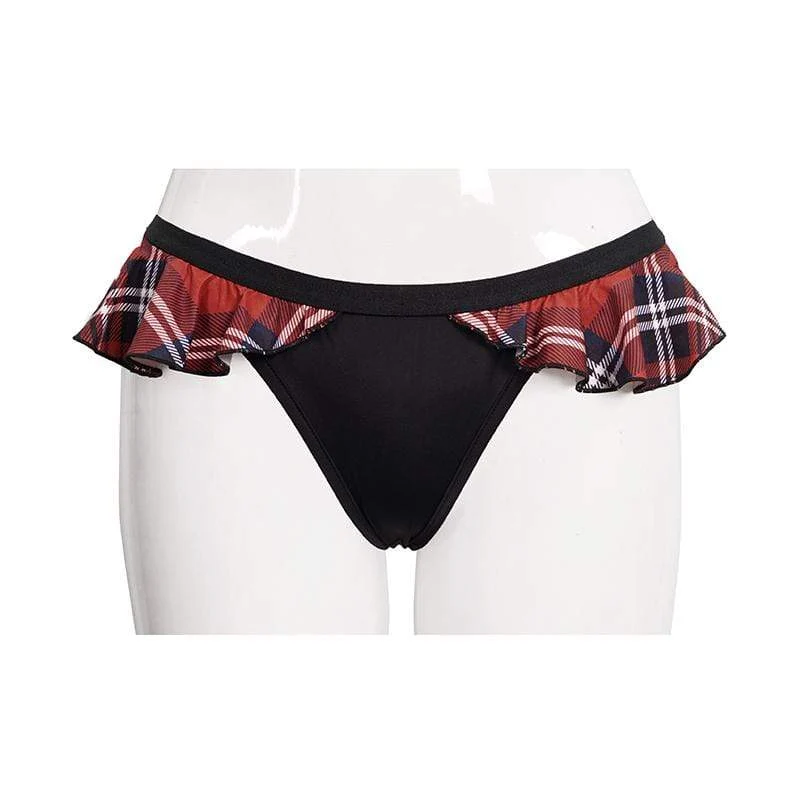 Frauen Grunge Black Cheeky Bikini Bottoms mit Scottish Check Rüschen