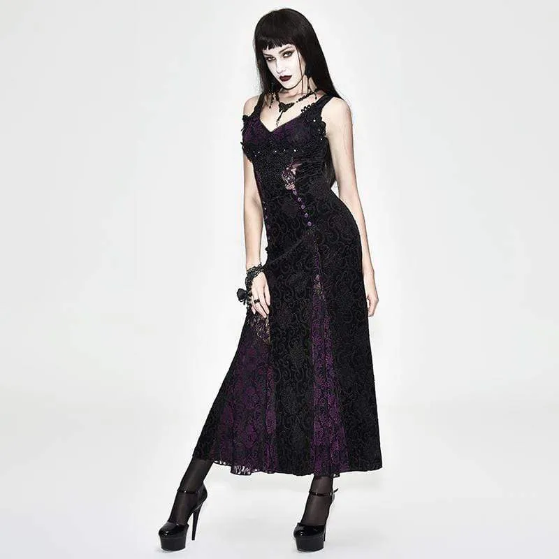 Violettes, bodenlanges Gothic-Abendkleid aus Spitze für Damen