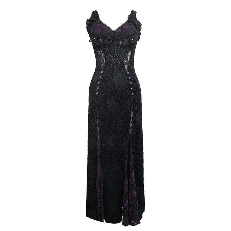 Violettes, bodenlanges Gothic-Abendkleid aus Spitze für Damen