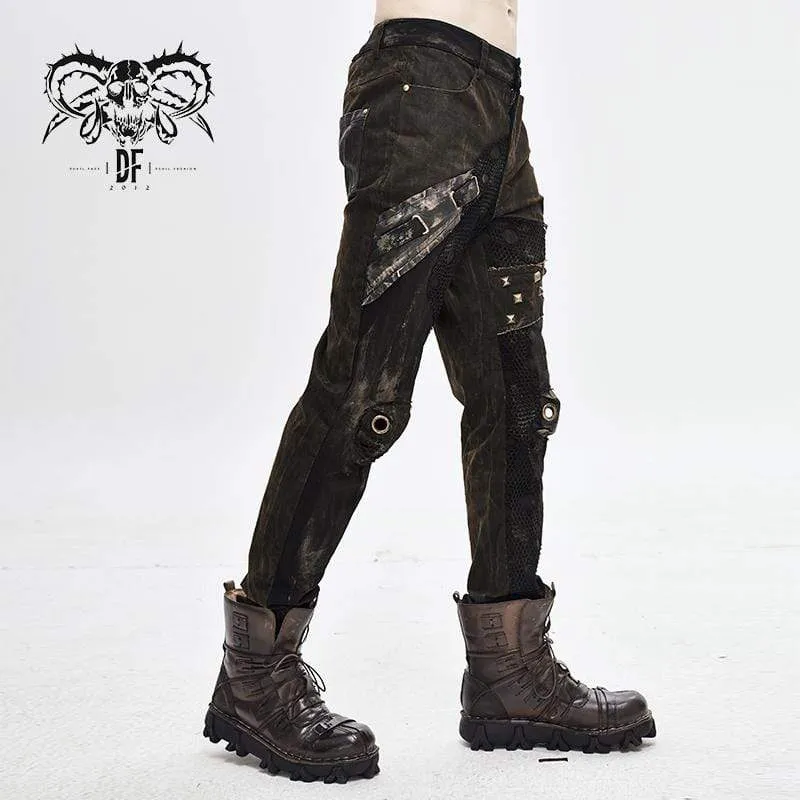 Steampunk-Freizeithose für Herren mit Netzgewebe, Nieten und Ösen