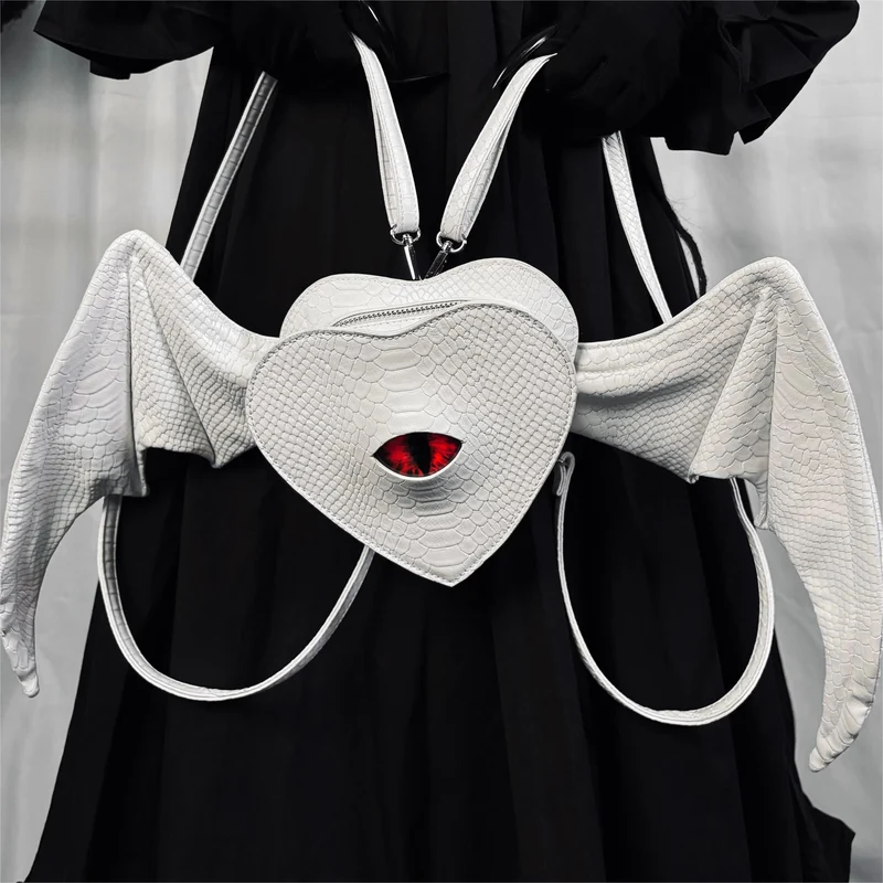 Gothic-Tasche für Damen, Teufelsauge, Fledermausflügel, Herz, Weiß