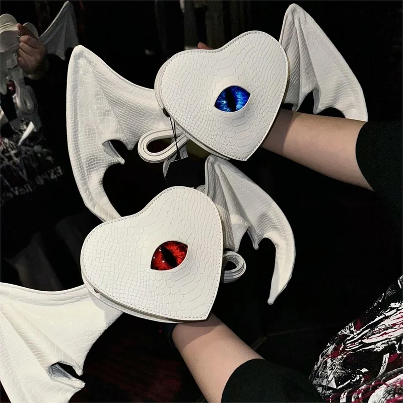 Gothic-Tasche für Damen, Teufelsauge, Fledermausflügel, Herz, Weiß