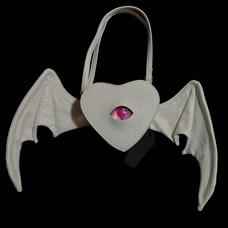 Gothic-Tasche für Damen, Teufelsauge, Fledermausflügel, Herz, Weiß