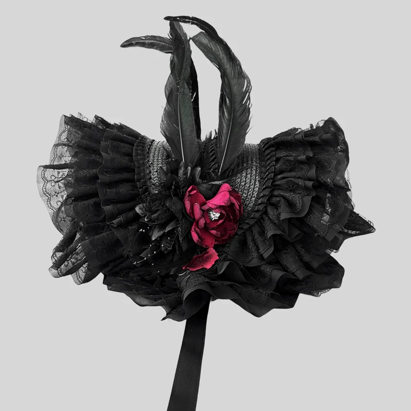 Gothic Lolita Damen-Lagenhaube mit Blumenmuster und Federn