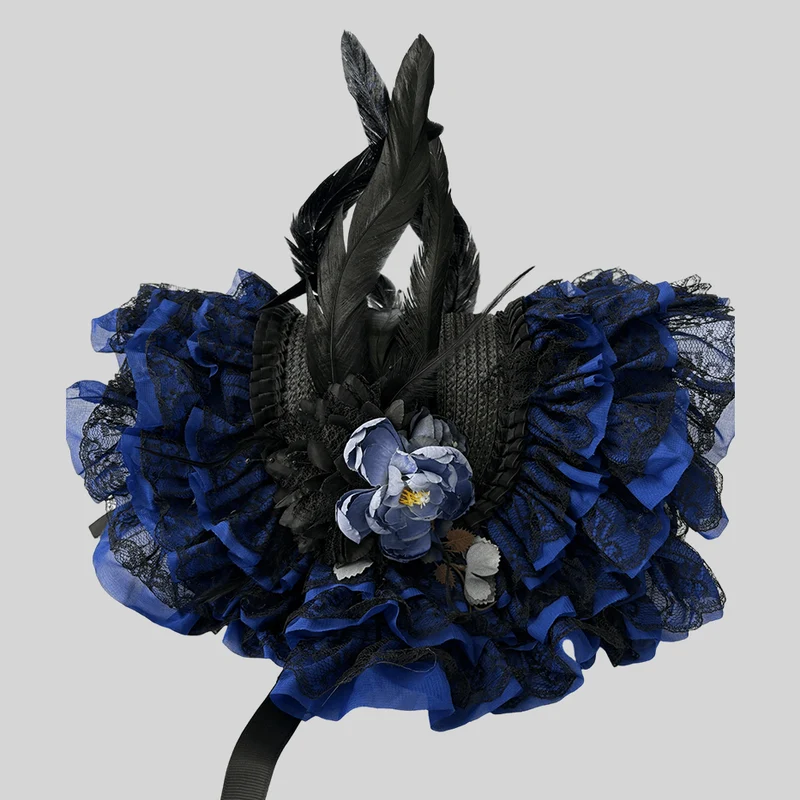 Gothic Lolita Damen-Lagenhaube mit Blumenmuster und Federn