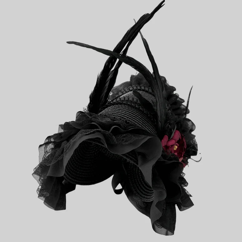 Gothic Lolita Damen-Lagenhaube mit Blumenmuster und Federn