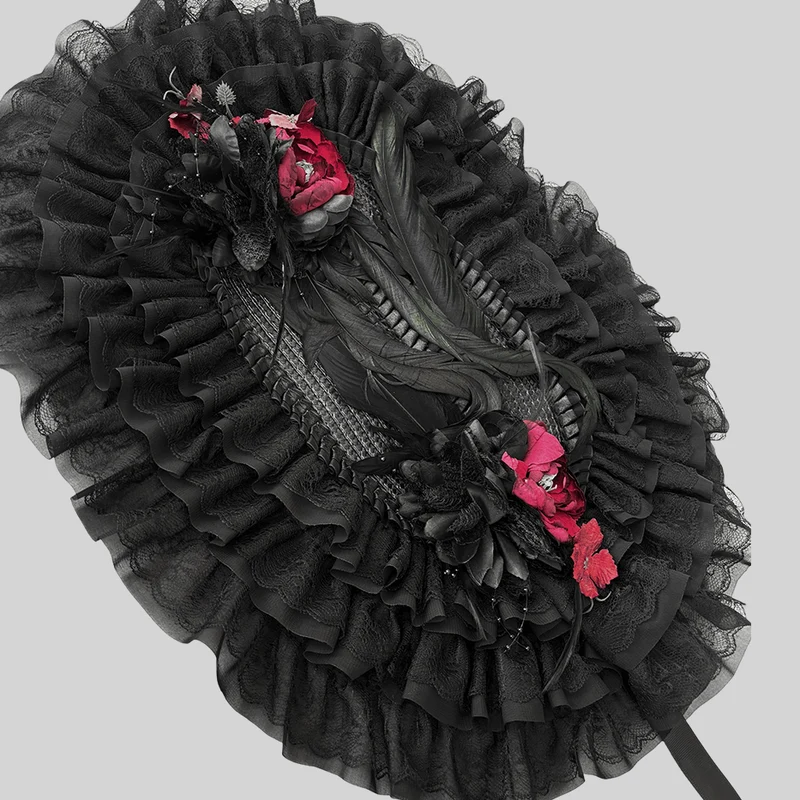 Gothic Lolita Damen-Lagenhaube mit Blumenmuster und Federn