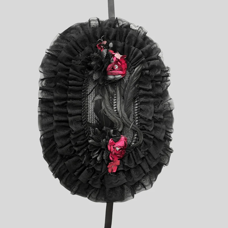 Gothic Lolita Damen-Lagenhaube mit Blumenmuster und Federn