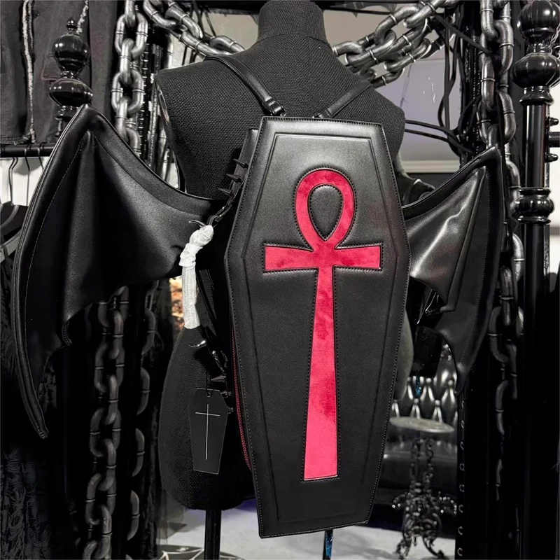 Schwarze gotische Sargtasche für Damen mit Kreuzmotiv, Fledermausflügeln und Sargform