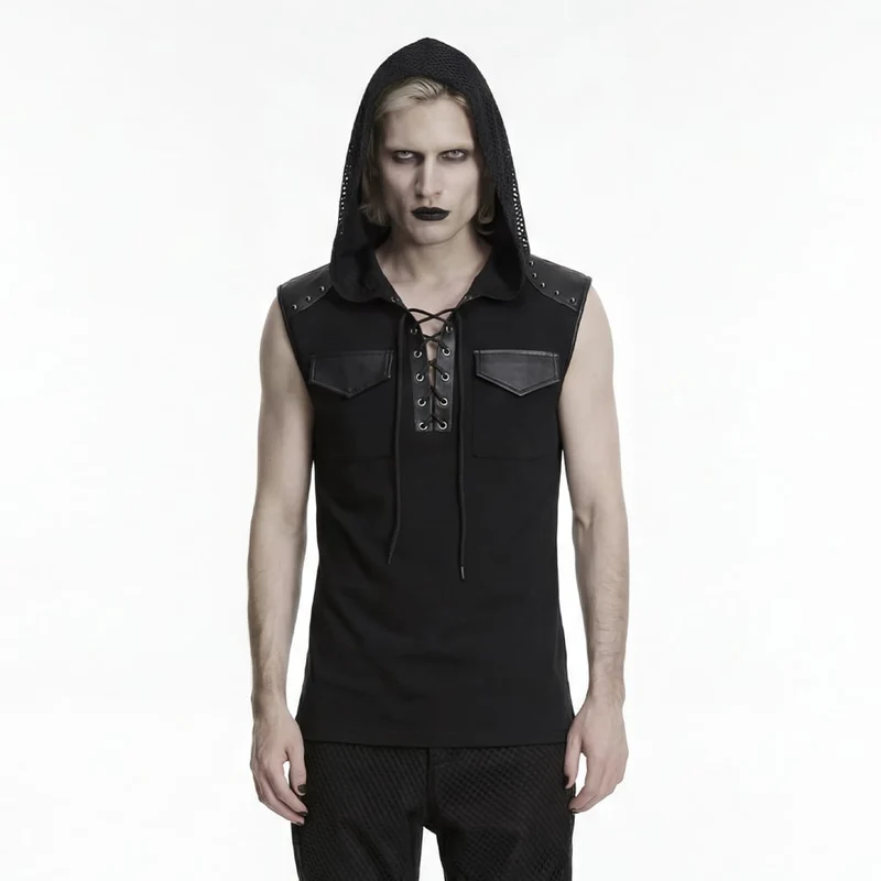 Schwarzes Punk-Tanktop für Herren mit Schnürung und Patchwork-Muster, Kapuze