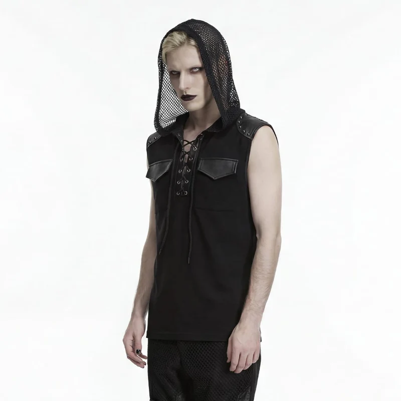 Schwarzes Punk-Tanktop für Herren mit Schnürung und Patchwork-Muster, Kapuze