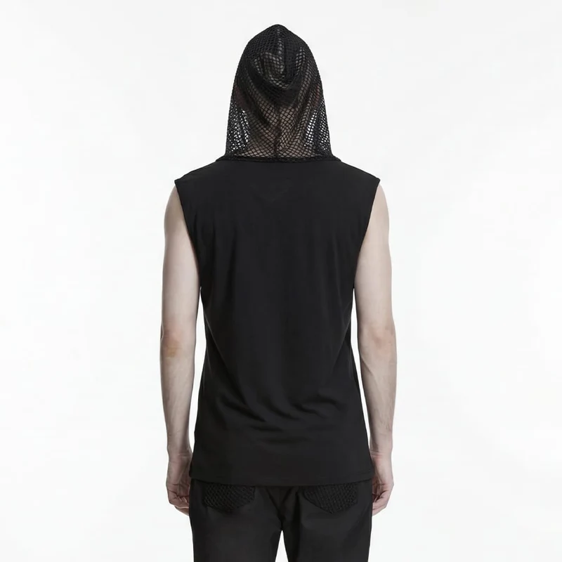 Schwarzes Punk-Tanktop für Herren mit Schnürung und Patchwork-Muster, Kapuze