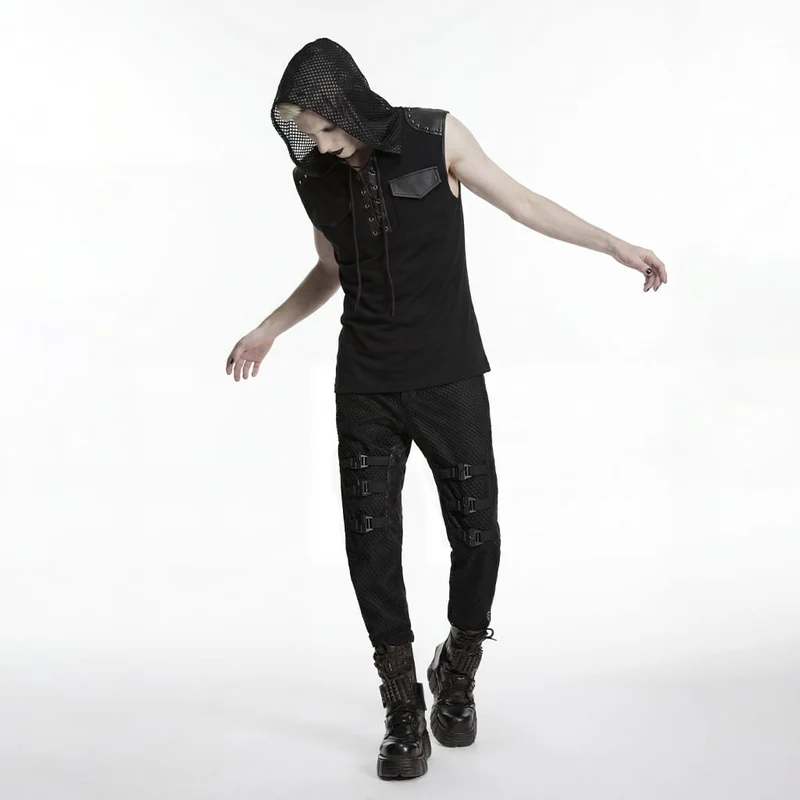Schwarzes Punk-Tanktop für Herren mit Schnürung und Patchwork-Muster, Kapuze