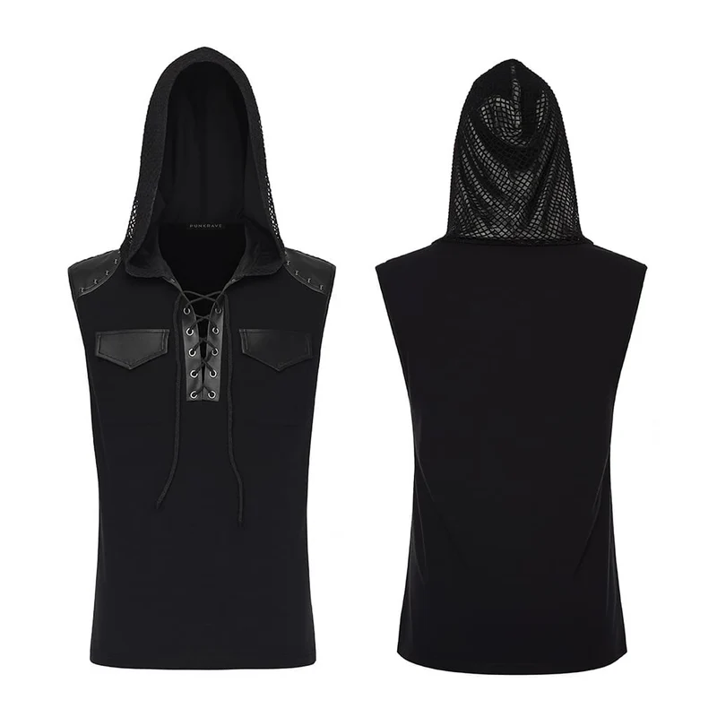 Schwarzes Punk-Tanktop für Herren mit Schnürung und Patchwork-Muster, Kapuze
