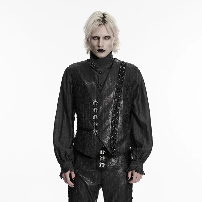 Herren-Steampunk-Weste mit asymmetrischem Verschluss, Schnallenverschluss und Nadelstreifenmuster, Schwarz