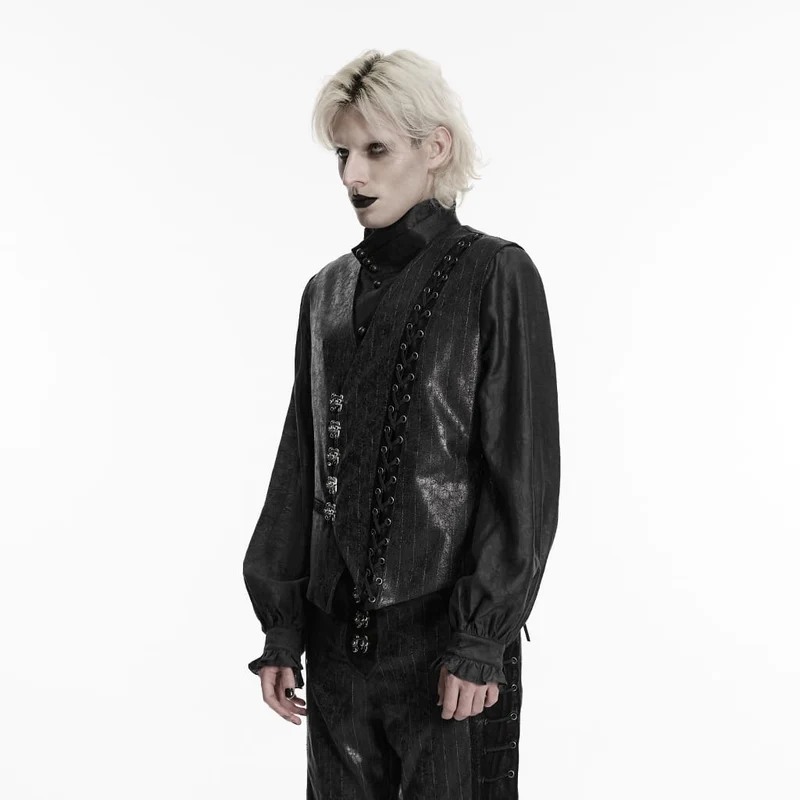 Herren-Steampunk-Weste mit asymmetrischem Verschluss, Schnallenverschluss und Nadelstreifenmuster, Schwarz