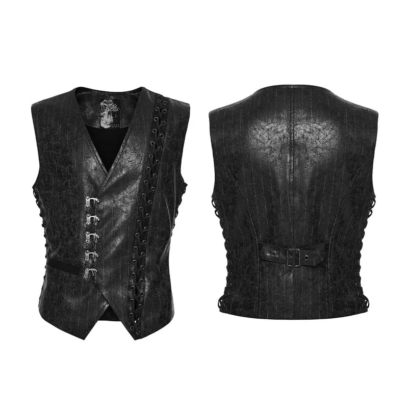 Herren-Steampunk-Weste mit asymmetrischem Verschluss, Schnallenverschluss und Nadelstreifenmuster, Schwarz