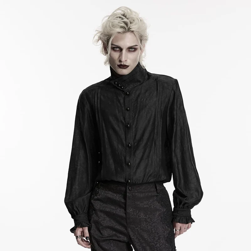 Schwarzes Herren-Langarmhemd mit Gothic-Jacquardmuster und Lagenlook