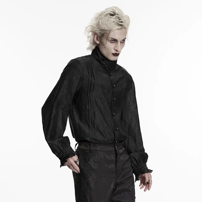 Schwarzes Herren-Langarmhemd mit Gothic-Jacquardmuster und Lagenlook