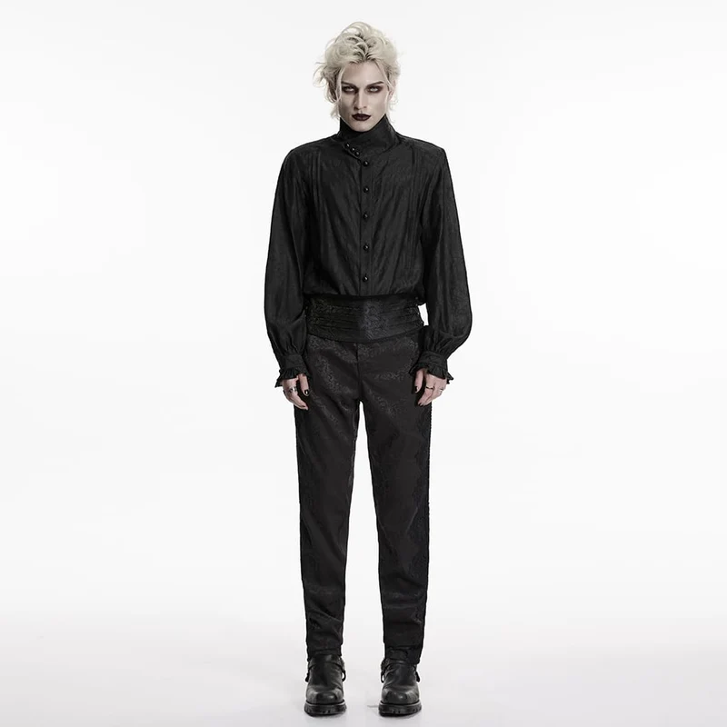 Schwarzes Herren-Langarmhemd mit Gothic-Jacquardmuster und Lagenlook