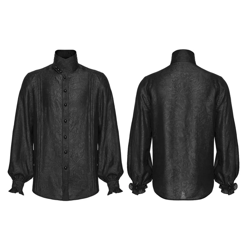 Schwarzes Herren-Langarmhemd mit Gothic-Jacquardmuster und Lagenlook