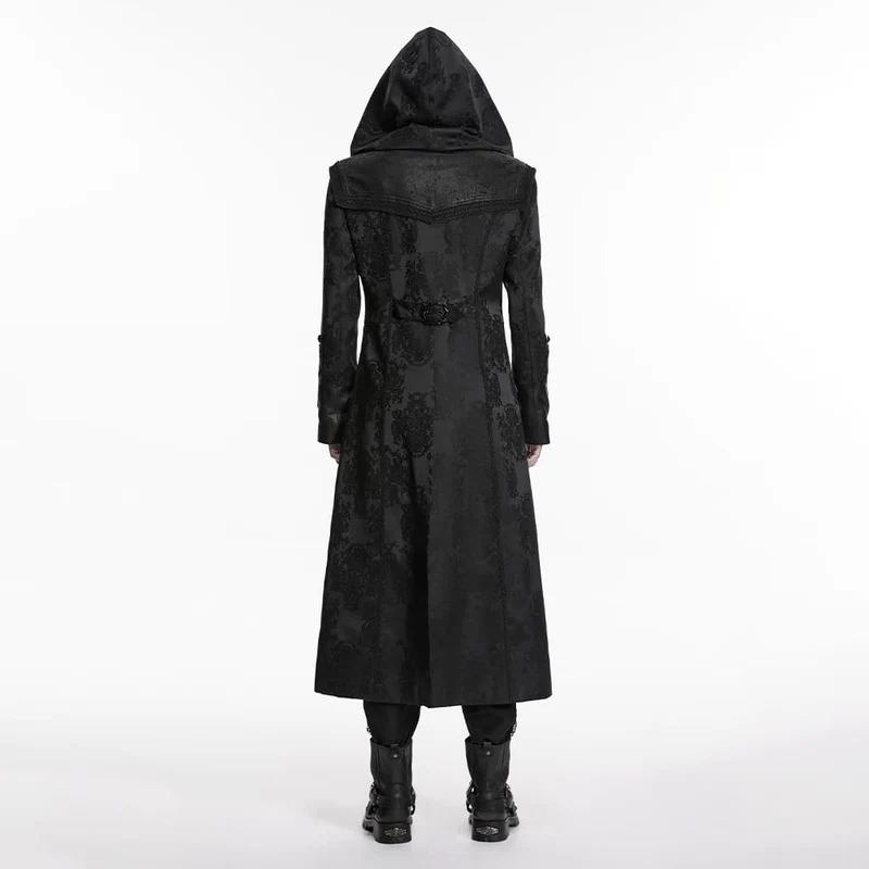 Schwarzer Punk-Kapuzenmantel für Herren mit Jacquard-Stickerei