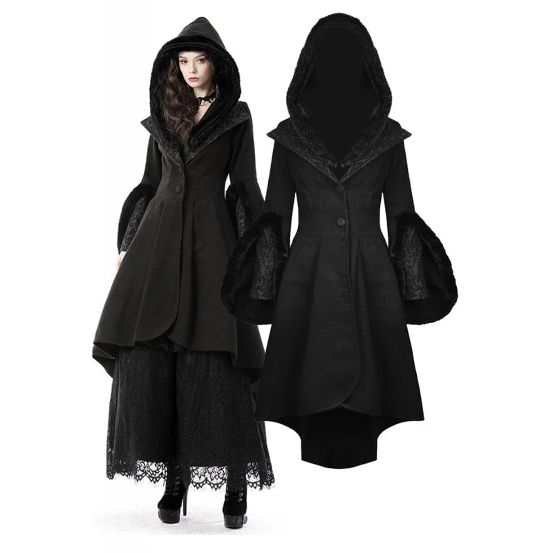 Gothic-Wollmantel mit hohem/niedrigem Schwalbenschwanz und Kapuze für Damen