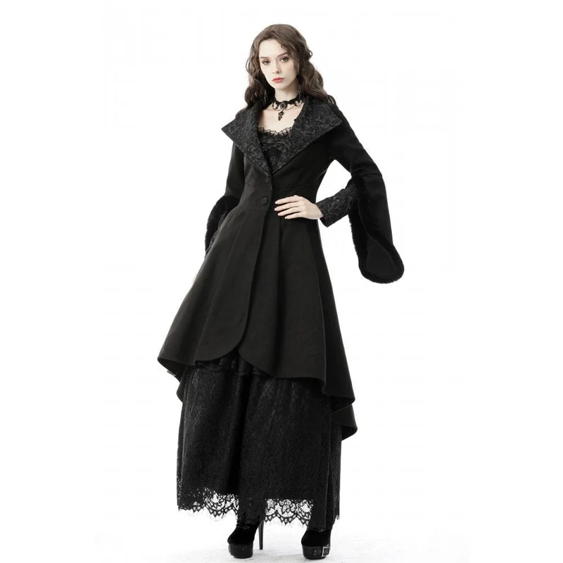 Gothic-Wollmantel mit hohem/niedrigem Schwalbenschwanz und Kapuze für Damen