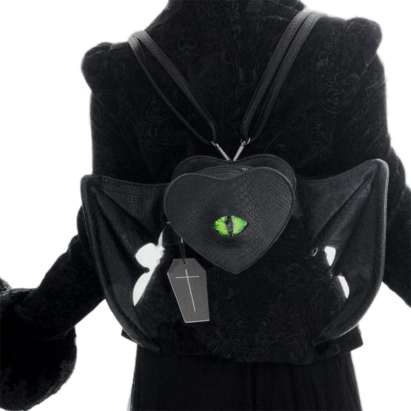 Gothic-Tasche für Damen, grün, Teufelsaugen-Fledermausflügel-Herz-Design, schwarz