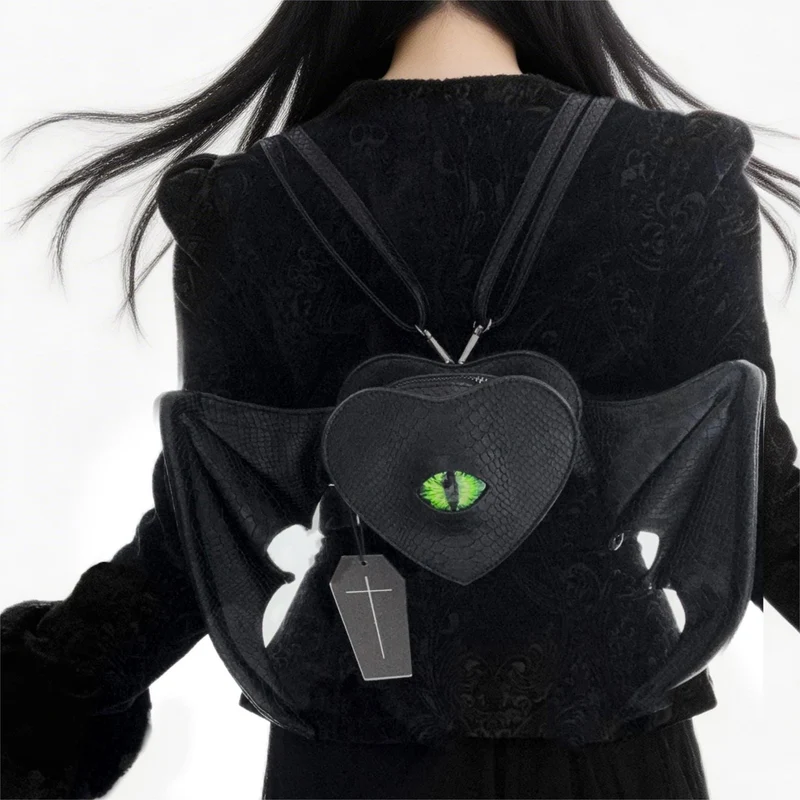 Gothic-Tasche für Damen, grün, Teufelsaugen-Fledermausflügel-Herz-Design, schwarz