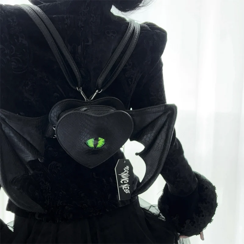 Gothic-Tasche für Damen, grün, Teufelsaugen-Fledermausflügel-Herz-Design, schwarz