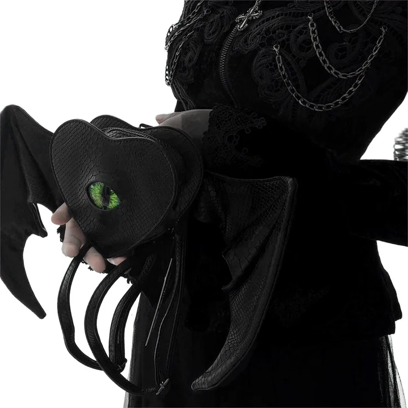 Gothic-Tasche für Damen, grün, Teufelsaugen-Fledermausflügel-Herz-Design, schwarz
