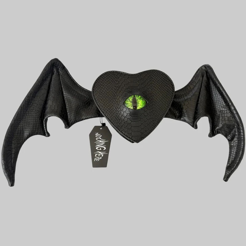 Gothic-Tasche für Damen, grün, Teufelsaugen-Fledermausflügel-Herz-Design, schwarz